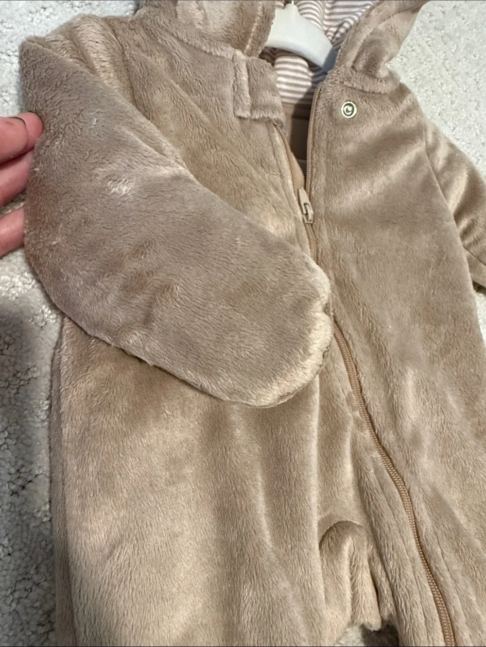 Plush Hooded Baby Footed One-Piece in Tan by